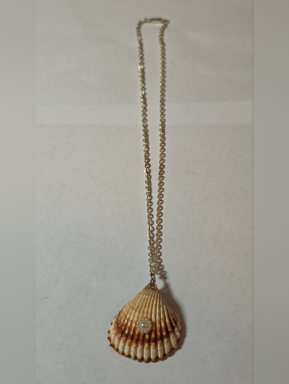 Vintage Seashell Pendant Necklace Germany Silver Tone Chain